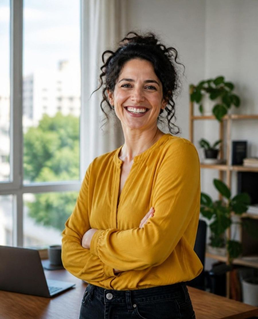Julieta Ferrari, coach, sonriendo en su espacio de trabajo