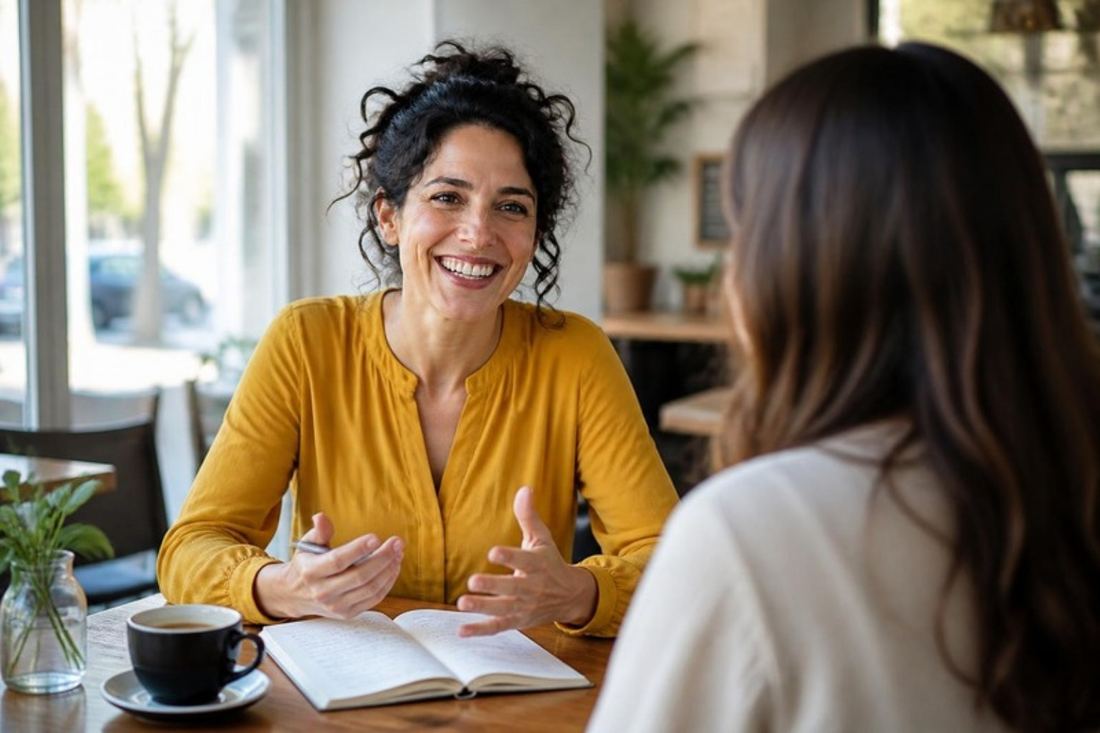 Julieta en una sesión de coaching en un café, conversando con una clienta