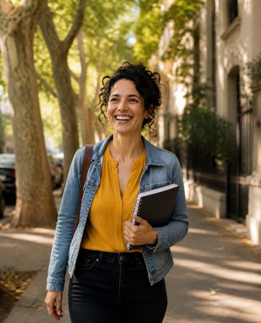 Julieta caminando por una vereda arbolada con un cuaderno