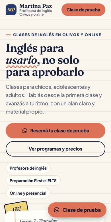 Sample English teacher website on a phone