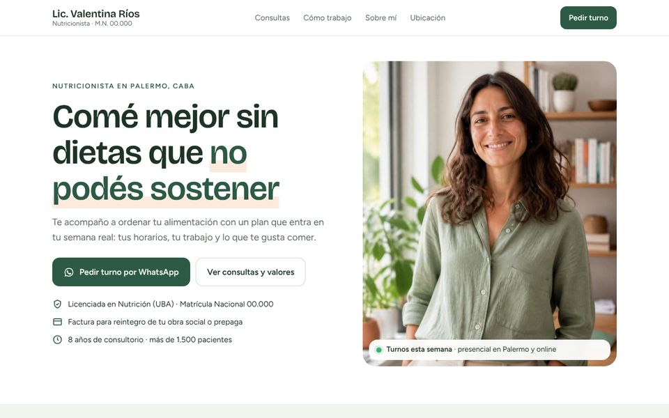 Sitio de muestra de una nutricionista en computadora