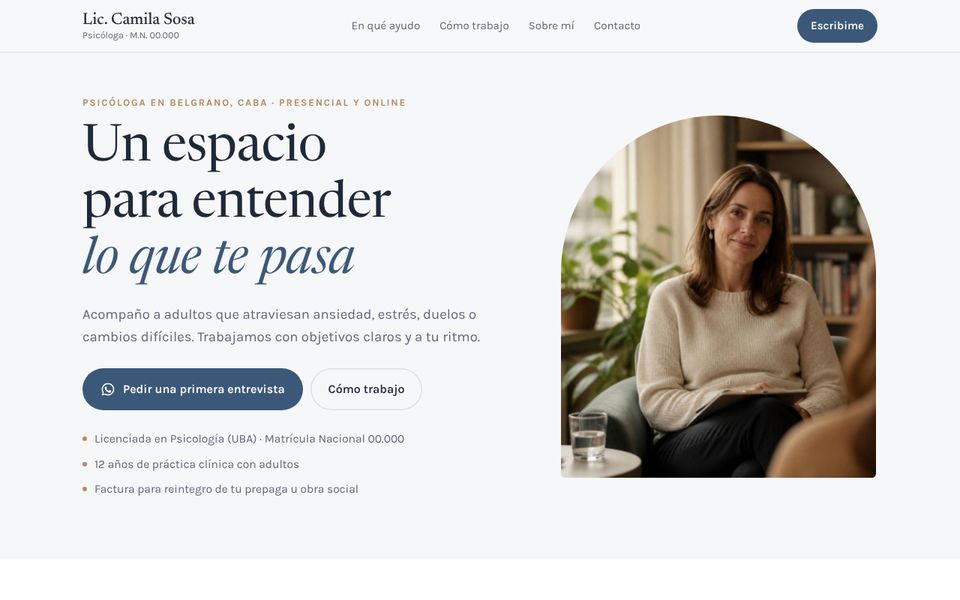 Captura del sitio de muestra de psicóloga