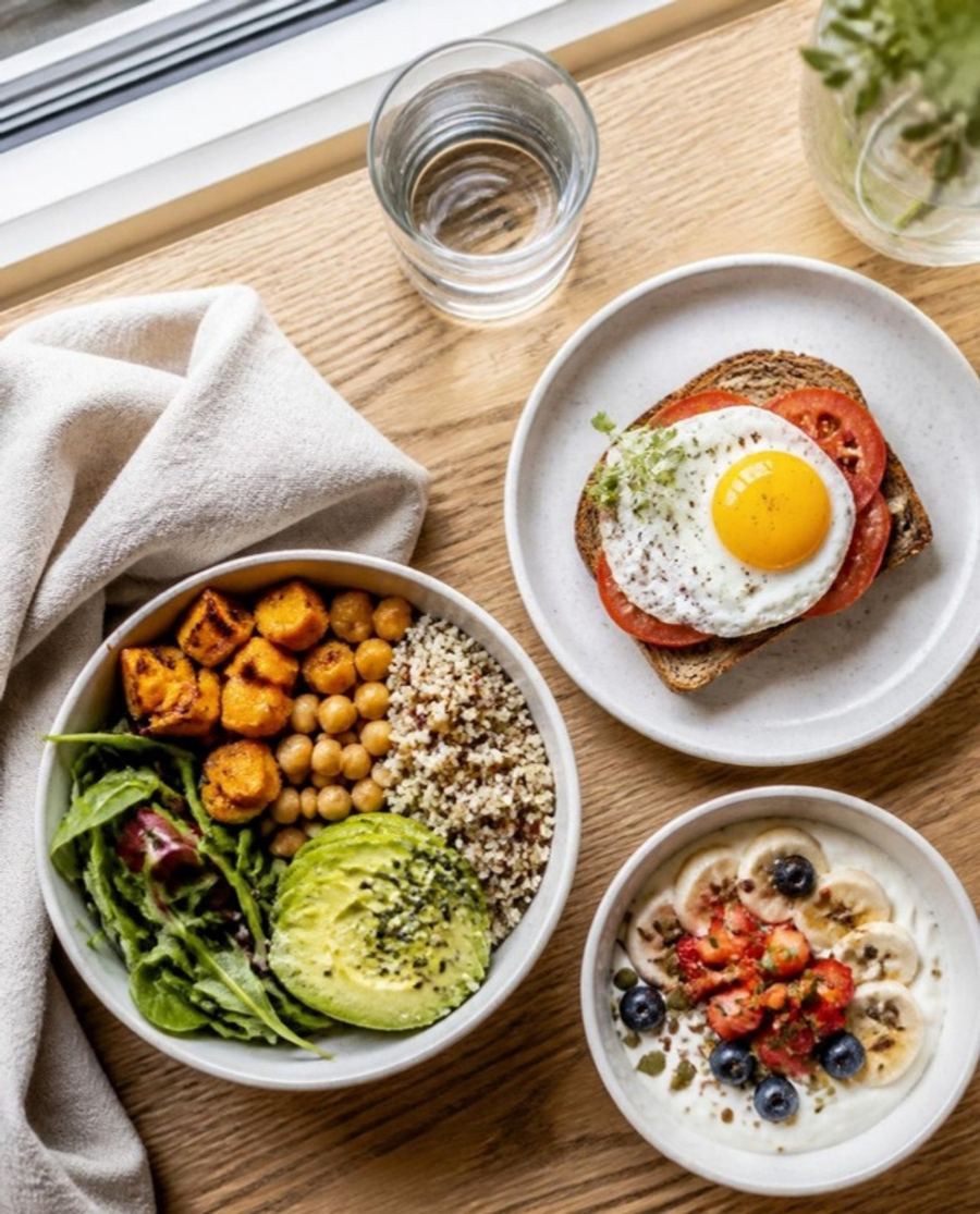 Mesa con platos caseros: bowl de garbanzos y calabaza, tostada con huevo y yogur con frutas