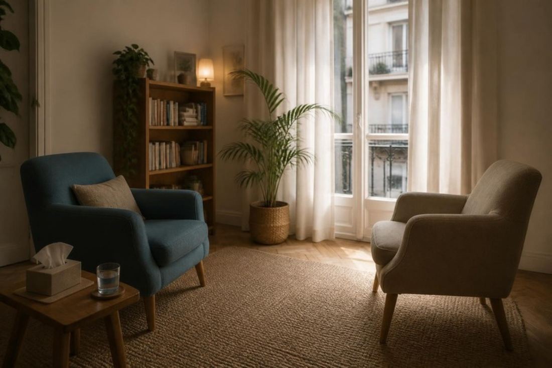 Consultorio con dos sillones, plantas y luz natural